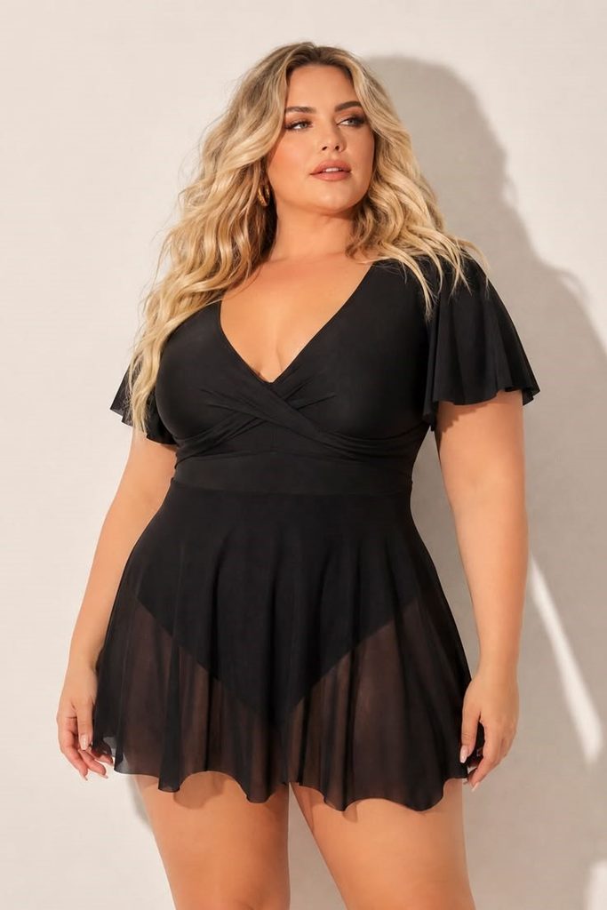 Plus size swimsuits featuring a black swim dress with a sheer mesh overlay, flutter sleeves, and a wrap-style neckline.