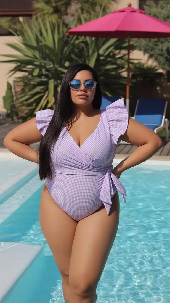 Plus size swimsuits featuring a lavender gingham wrap-front one-piece with ruffled sleeves