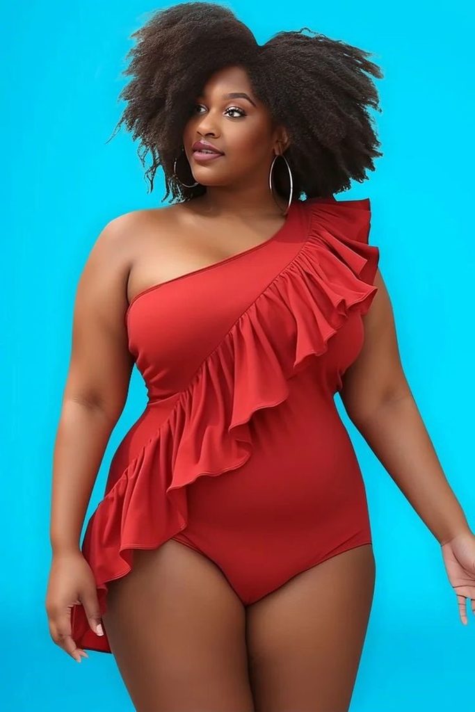 Plus size swimsuits featuring a bold red one-piece with a dramatic asymmetrical neckline and cascading ruffle details.