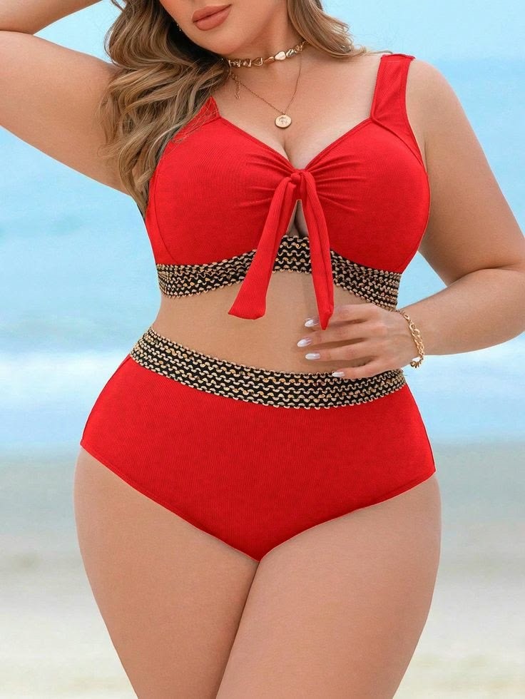 Plus size swimsuits featuring a red two-piece with a front-tie bikini top and high-waisted bottoms.