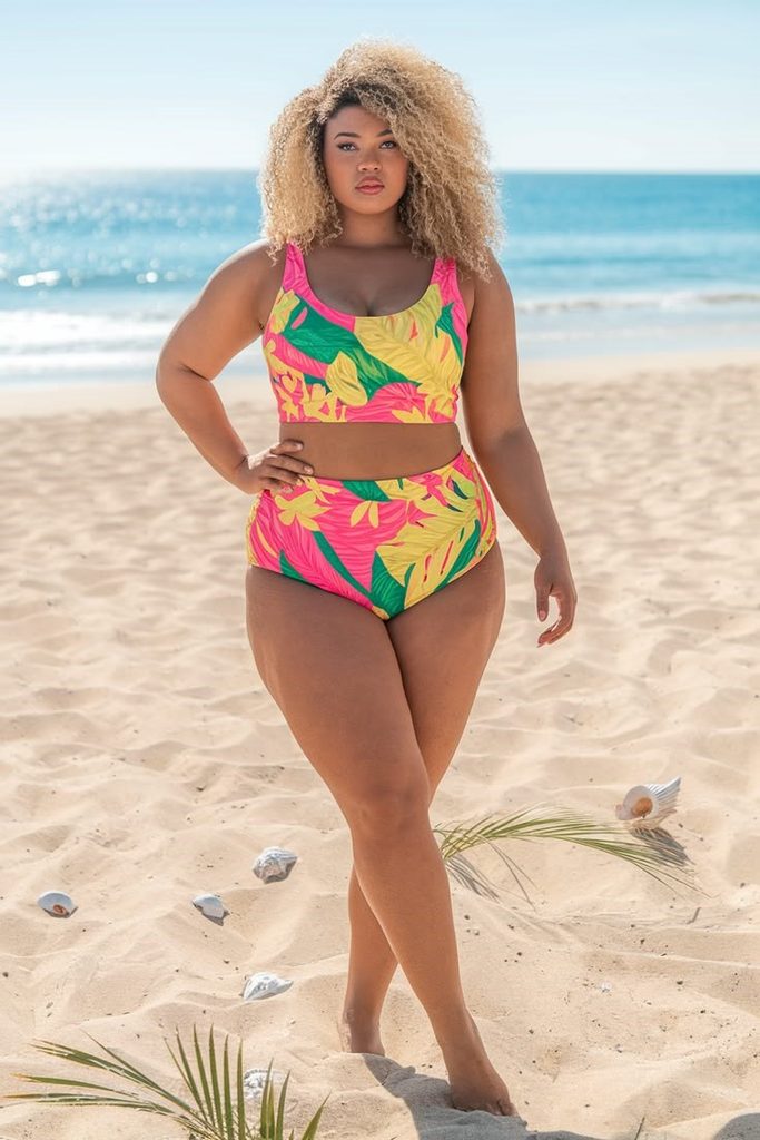 Plus size swimsuits featuring a bright tropical-print bikini with high-waisted bottoms