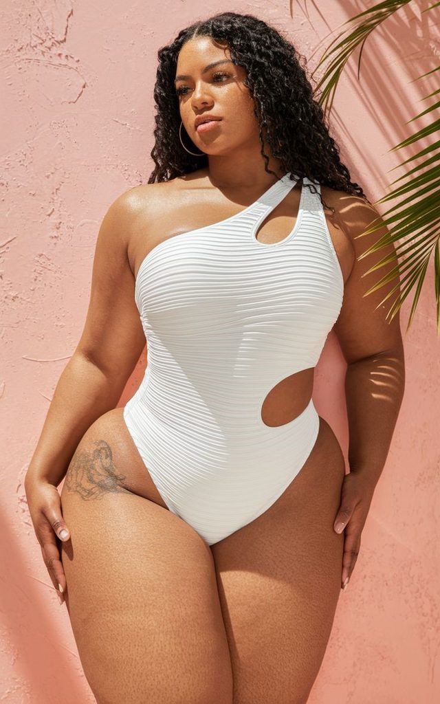 Plus size swimsuits featuring a white ribbed one-shoulder swimsuit with stylish side cutouts.