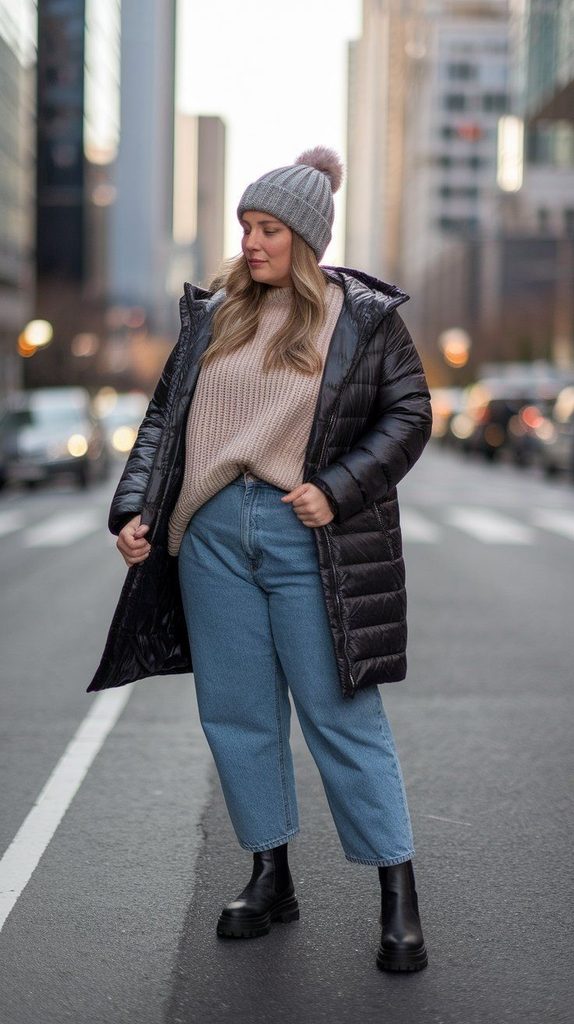 Plus size woman wearing a black puffer coat, beige sweater, blue jeans, black ankle boots, and a grey knit beanie for a cozy winter outfit.