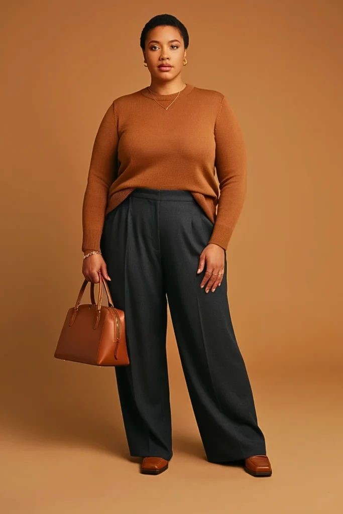 Plus size woman wearing a rust-colored sweater with charcoal wide-leg trousers, brown shoes, and a matching handbag.