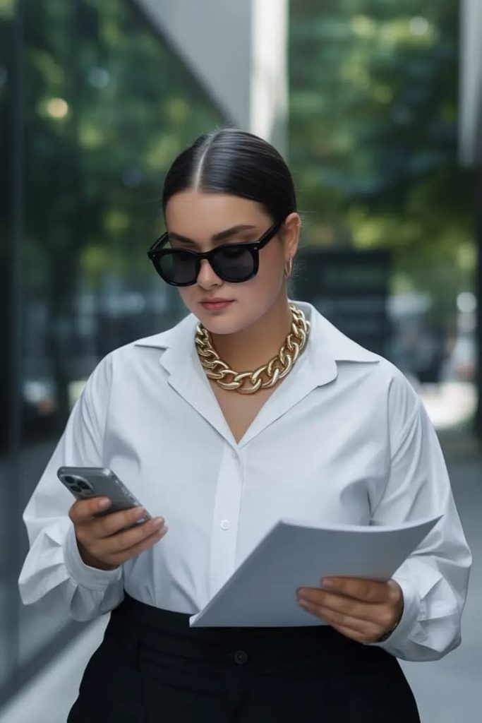 Plus size woman wearing a bold gold chain necklace with a white blouse in this statement necklace styling guide