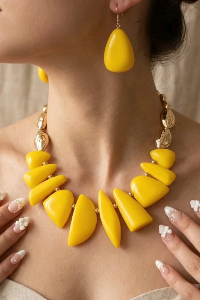 Statement Necklace Styling Guide showing a yellow chunky necklace paired with matching statement earrings
