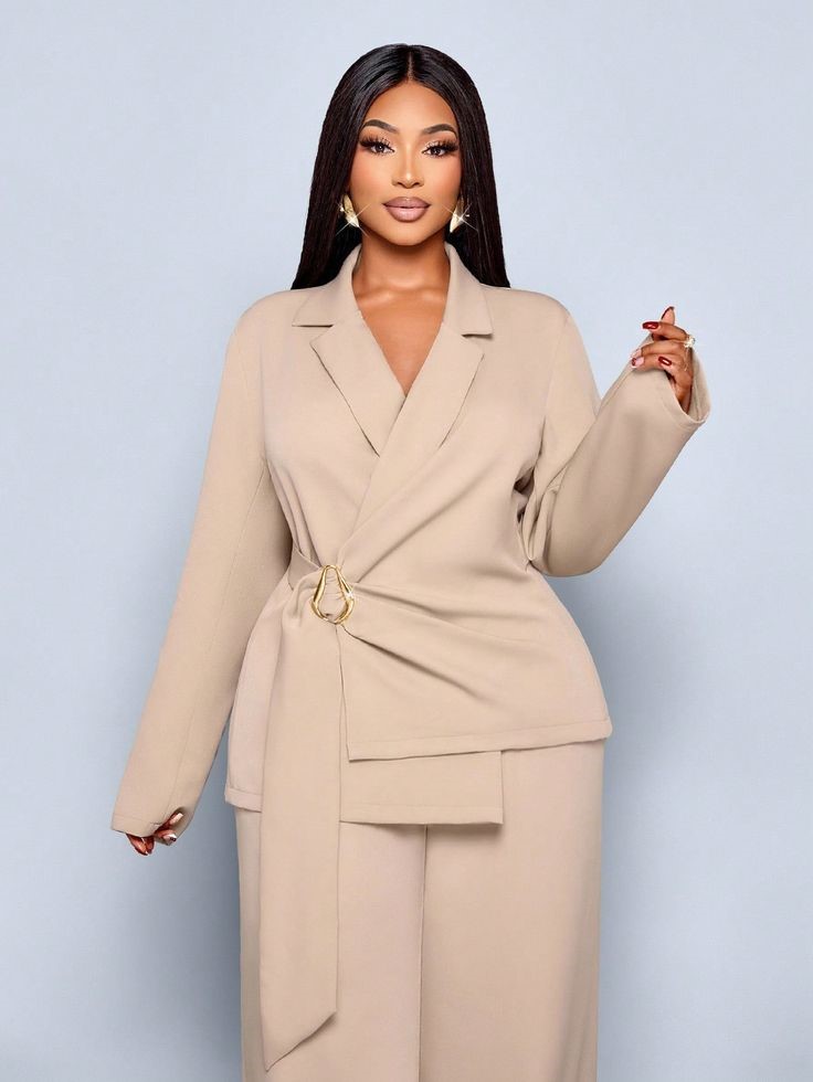 The Best Blazers for Plus Size Women featuring a beige blazer with wide lapels and a belted waist