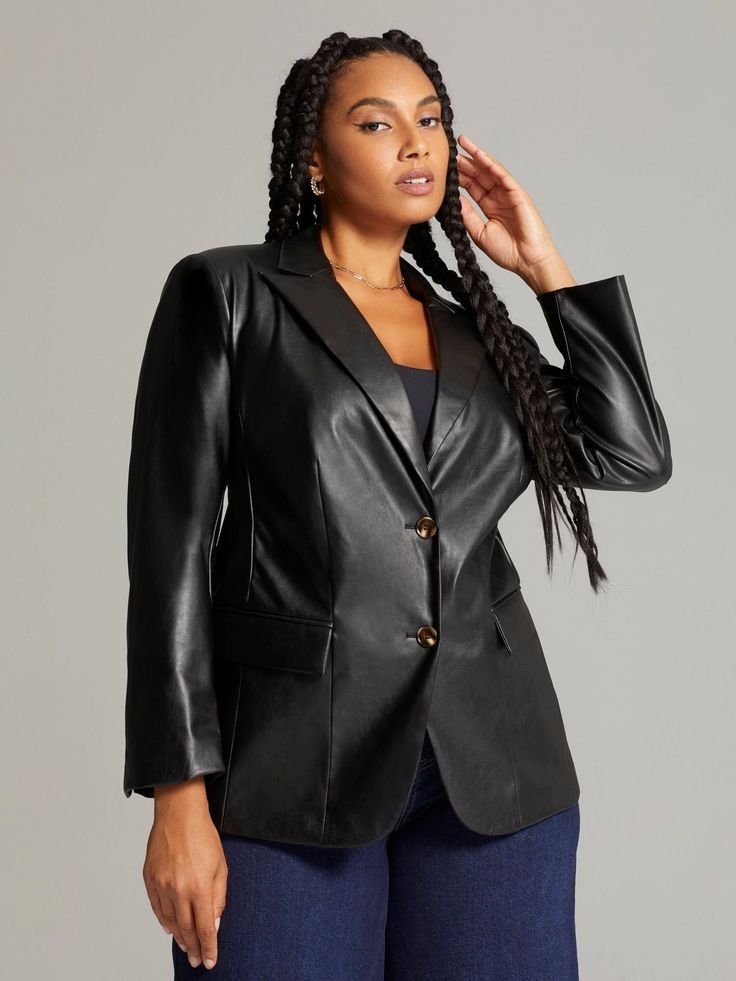 The Best Blazers for Plus Size Women featuring a black faux leather blazer with jeans