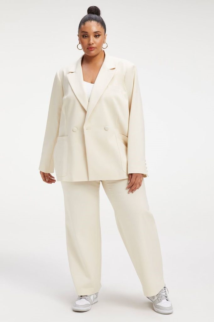 The Best Blazers for Plus Size Women featuring a cream blazer with matching wide-leg trousers