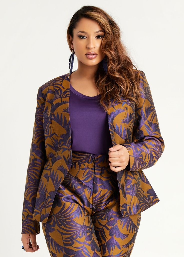 The Best Blazers for Plus Size Women featuring a bold purple and mustard printed blazer