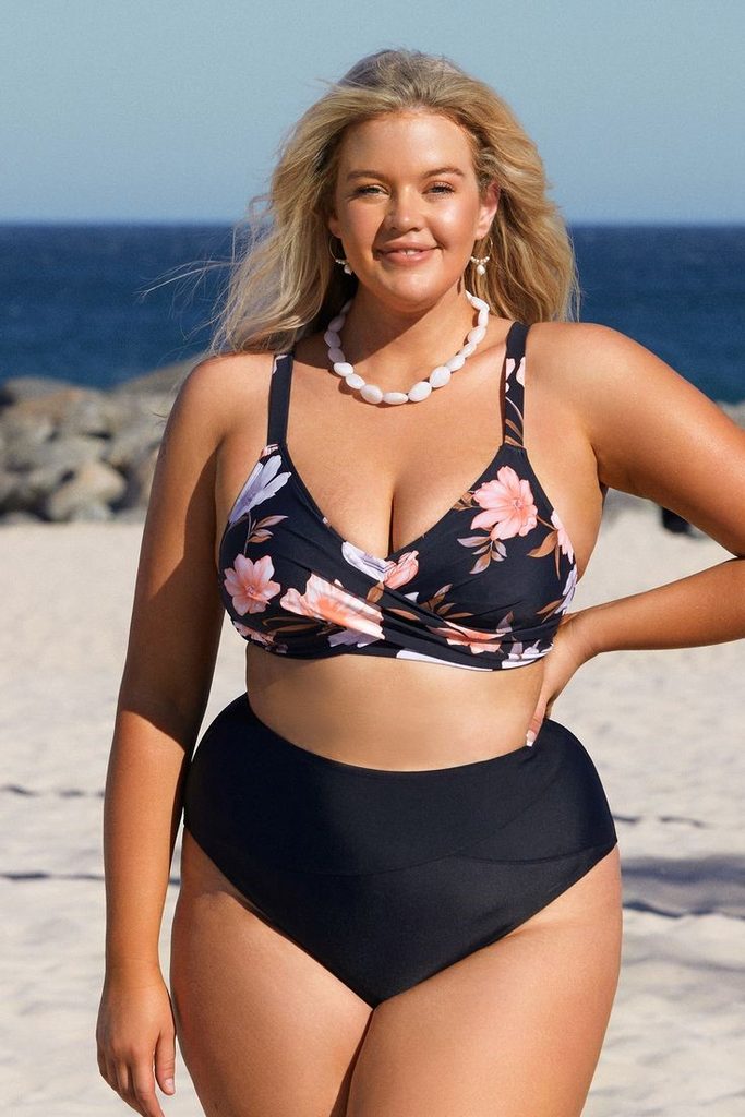 The Most Flattering High-Waisted Swimwear with a floral wrap-front top and high-waisted bottoms