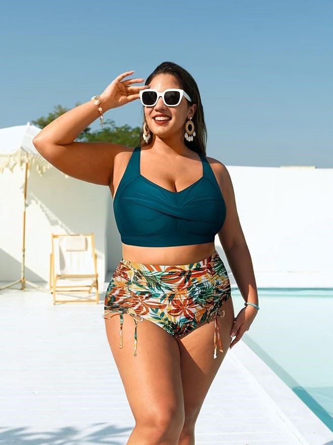The Most Flattering High-Waisted Swimwear with a teal bikini top and floral high-waisted bottoms