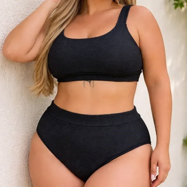 The Most Flattering High-Waisted Swimwear with wide straps and a black textured bikini