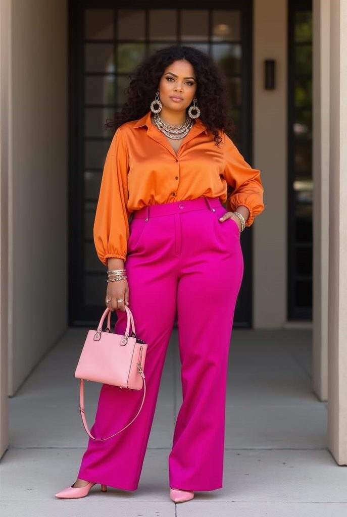 Plus size woman wearing a colorful outfit with versatile accessories that complement her personal style.
