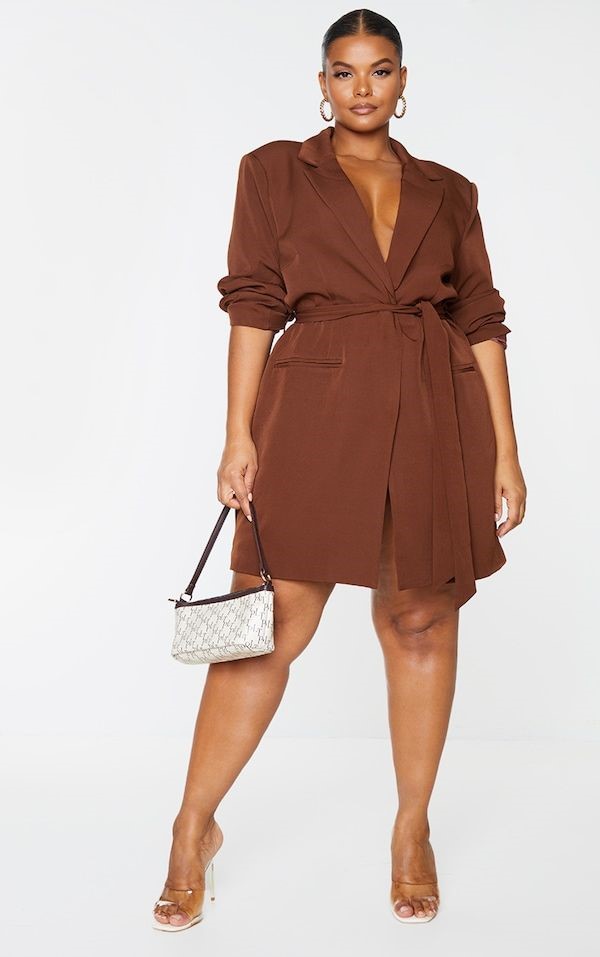 Brown tie-waist blazer dress showing why your clothes never look like they did on Pinterest
